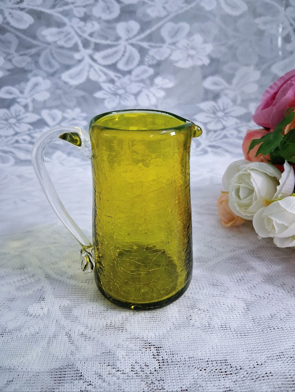 Vintage Crackle Glass Olive Green Mini Pitcher Creamer MCM Art